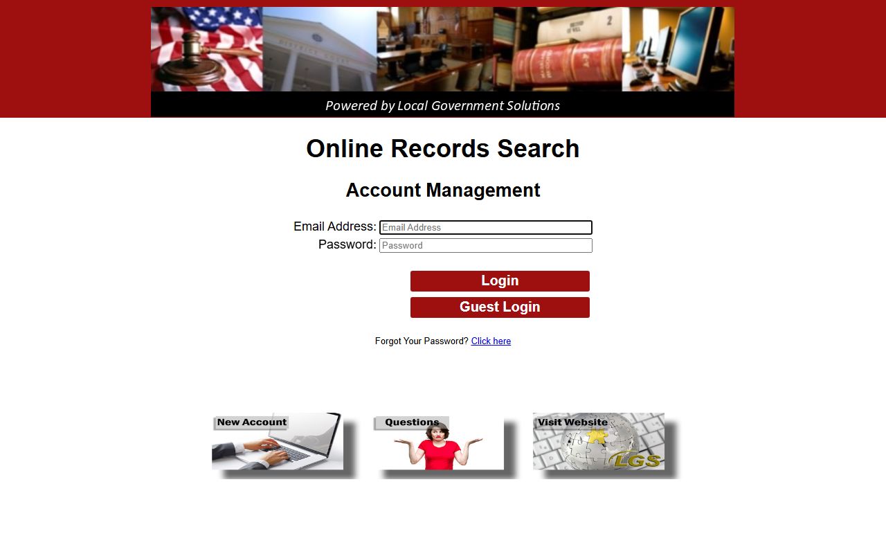 LGS login page with email, password, Login, and Guest Login controls for Rains County online records