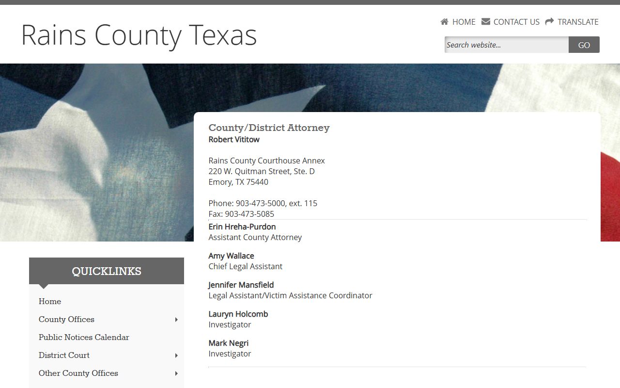 Rains County District Attorney page with Robert Vititow office contact information