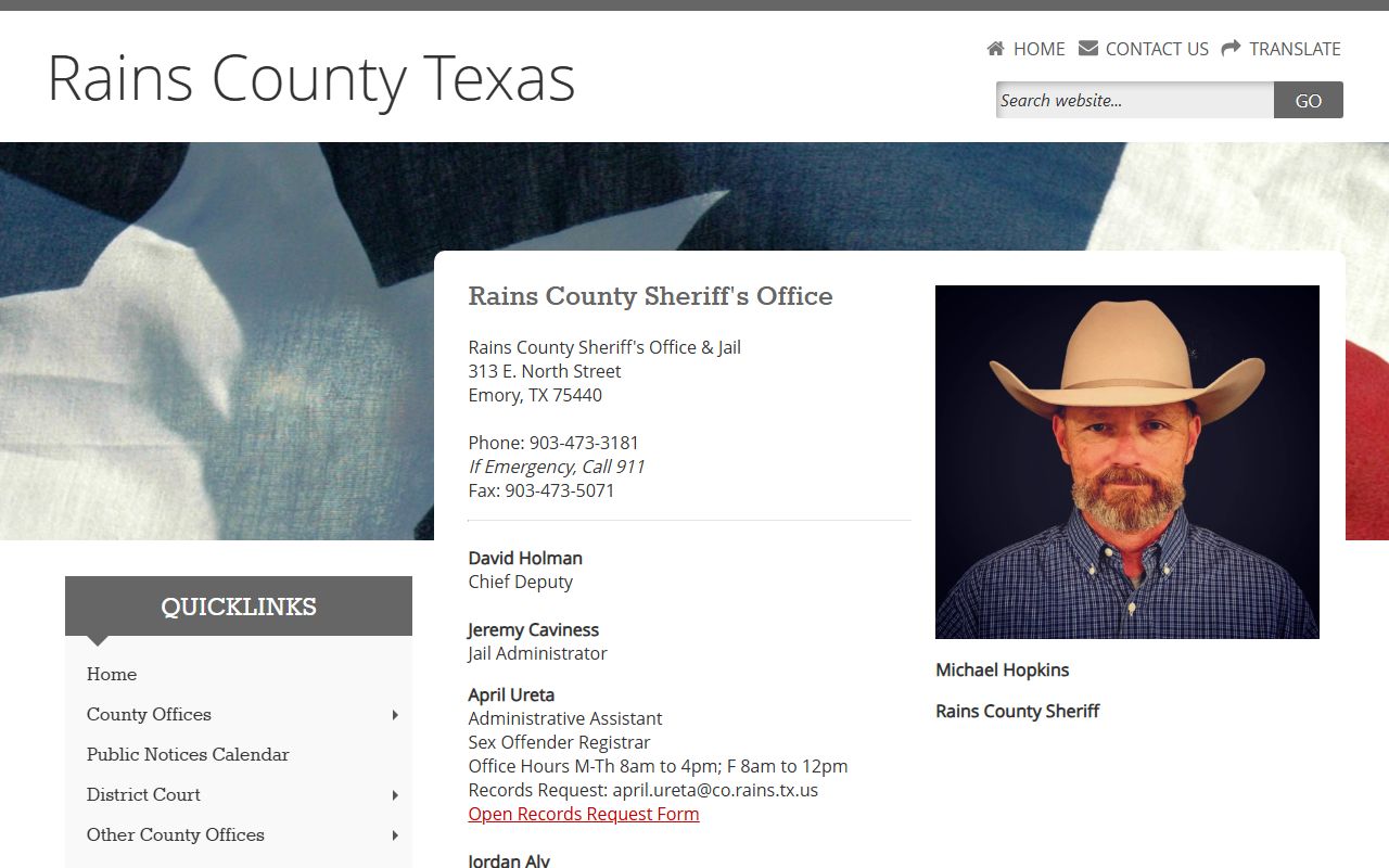 Rains County Sheriff's Office & Jail inmate lookup contact page