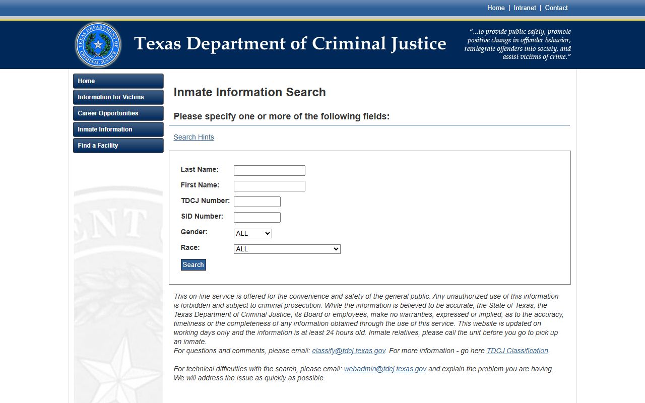 TDCJ inmate search form for Rains County sentenced inmate lookup