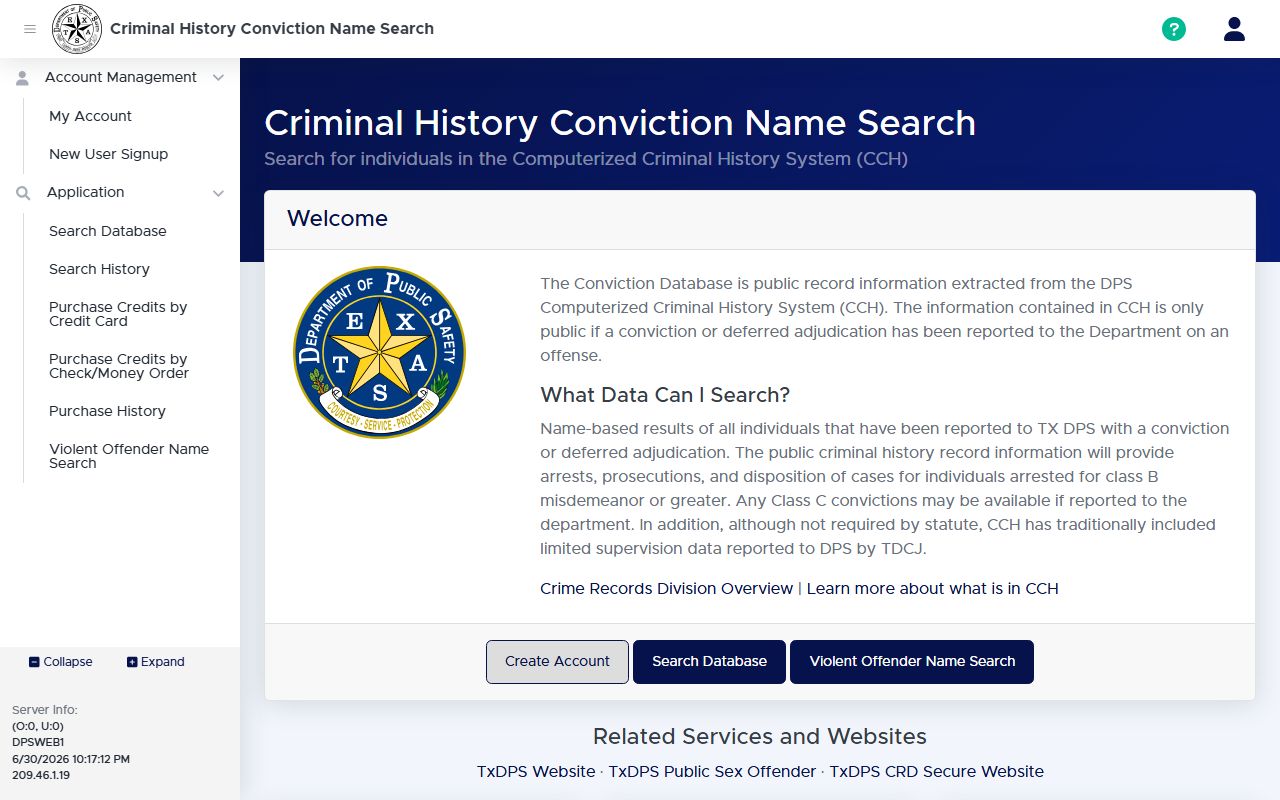 Texas DPS conviction-only criminal history name search page